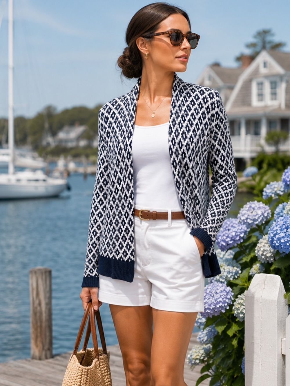 WOODEN SHIPS Coastal Prep Navy and White Diamond Pattern Open Cardigan, XS